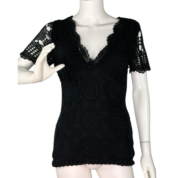 Vtg Y2K 90s Crochet Babydoll Top Sweater Grunge Goth Boho Black Size S - Picture 2 of 8